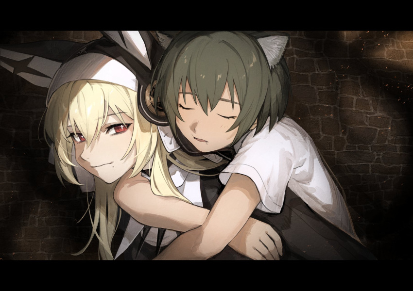1boy 1girl animal_ear_headwear blonde_hair brown_hair carrying child close-up closed_mouth cross-shaped_pupils dark-skinned_male dark_skin highres mephisto_(angraecum) mole mole_under_mouth original piggyback red_eyes short_hair sister_yulia smile stone_wall symbol-shaped_pupils upper_body