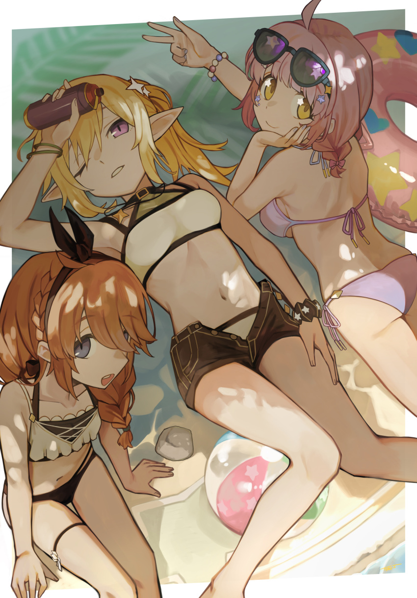 3girls absurdres ass ball bare_shoulders beachball bead_bracelet beads bikini bikini_under_clothes black_bikini black_shorts blanket blonde_hair blue_eyes bottle bow_hairband bracelet braid braided_ponytail breasts chieru_(princess_connect!) chieru_(winter)_(princess_connect!) chloe_(princess_connect!) chloe_(winter)_(princess_connect!) closed_mouth elbow_rest eyewear_on_head feet_out_of_frame hair_ornament hairband highres holding holding_bottle innertube jewelry long_hair looking_at_viewer lying medium_breasts multiple_girls navel official_alternate_costume on_back on_stomach one_eye_closed open_mouth orange_hair pink_bikini pink_hair pointy_ears princess_connect! purple_eyes rock scrunchie short_shorts shorts side_ponytail sitting small_breasts star_(symbol) star_in_eye string_bikini sunglasses swim_ring swimsuit symbol_in_eye thigh_strap tyaui_(xjju4435) w white_bikini wrist_scrunchie yellow_eyes yuni_(princess_connect!) yuni_(winter)_(princess_connect!)