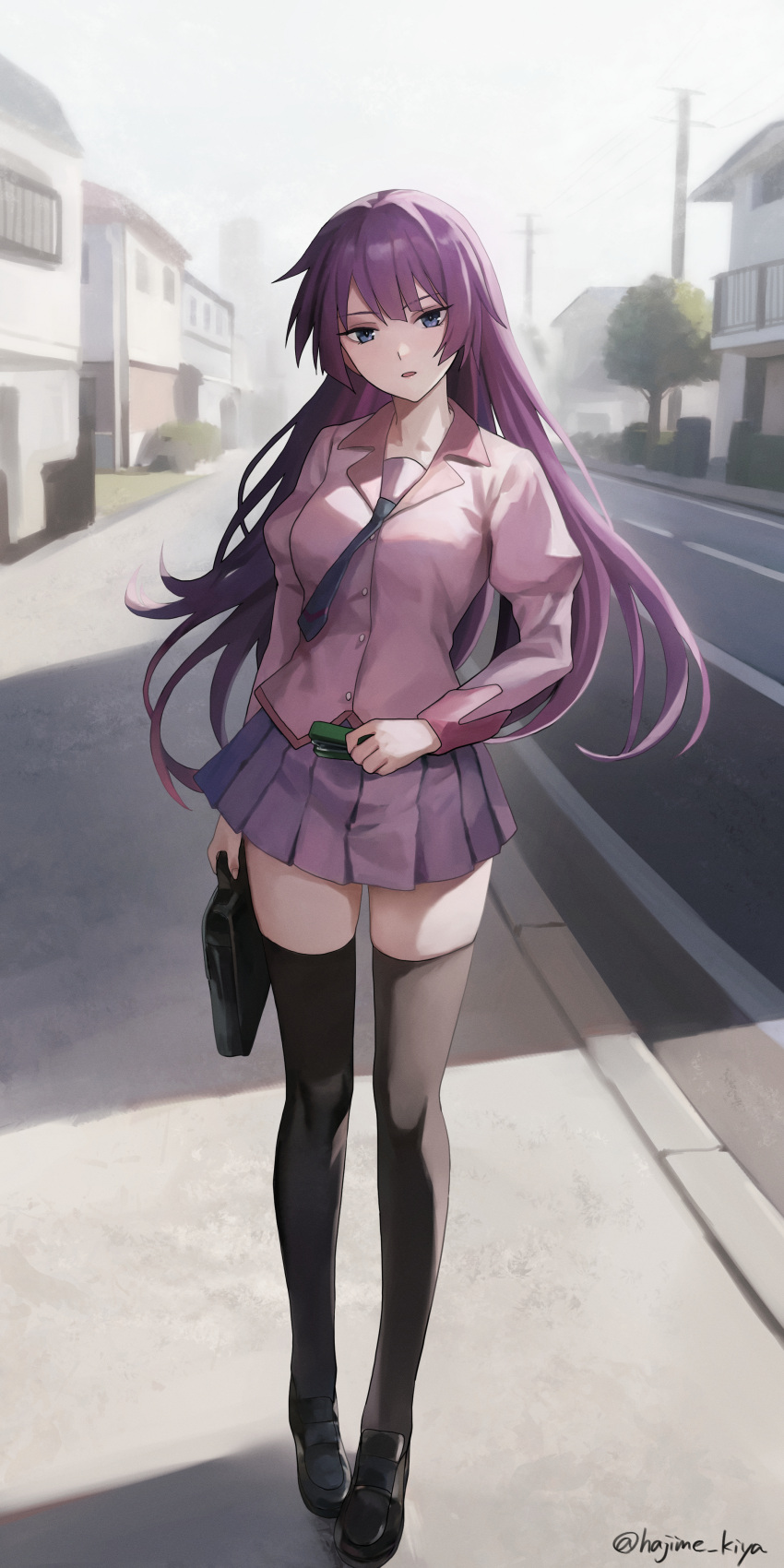 1girl absurdres artist_name bakemonogatari black_necktie black_thighhighs blue_eyes blush breasts briefcase building collarbone highres holding holding_briefcase holding_stapler house kiya_hajime long_hair long_sleeves looking_at_viewer medium_breasts monogatari_(series) naoetsu_high_school_uniform necktie outdoors parted_lips pink_shirt puffy_long_sleeves puffy_sleeves purple_hair road school_briefcase school_uniform senjougahara_hitagi shirt skirt solo standing stapler street thighhighs tree twitter_username utility_pole watermark winter_uniform