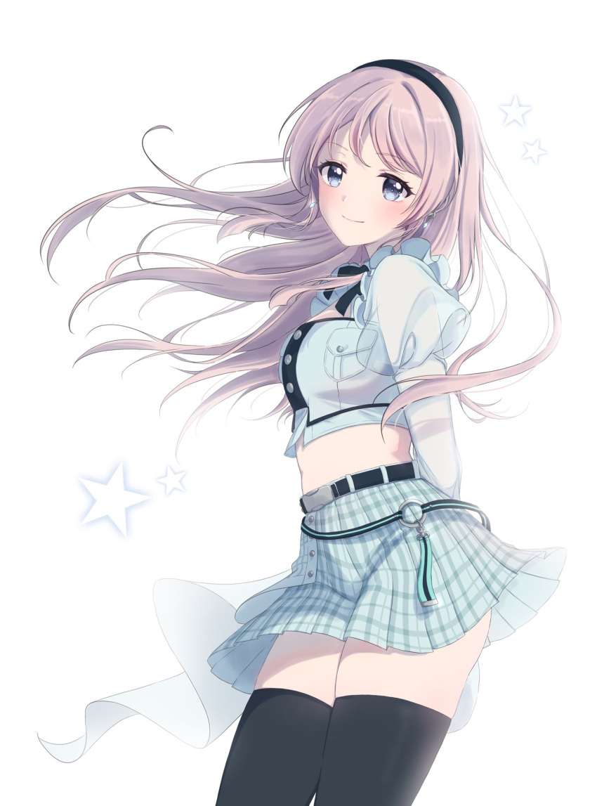 1girl arms_behind_back bang_dream! bang_dream!_it's_mygo!!!!! belt black_hairband black_ribbon black_thighhighs blush breast_pocket breasts buttons chihaya_anon cowboy_shot earrings floating_hair frills grey_hair hairband highres jewelry long_hair long_sleeves looking_at_viewer midriff no_navel pink_hair pleated_skirt pocket ppora ribbon see-through see-through_sleeves shirt skirt smile solo star_(symbol) thighhighs white_background white_shirt white_skirt