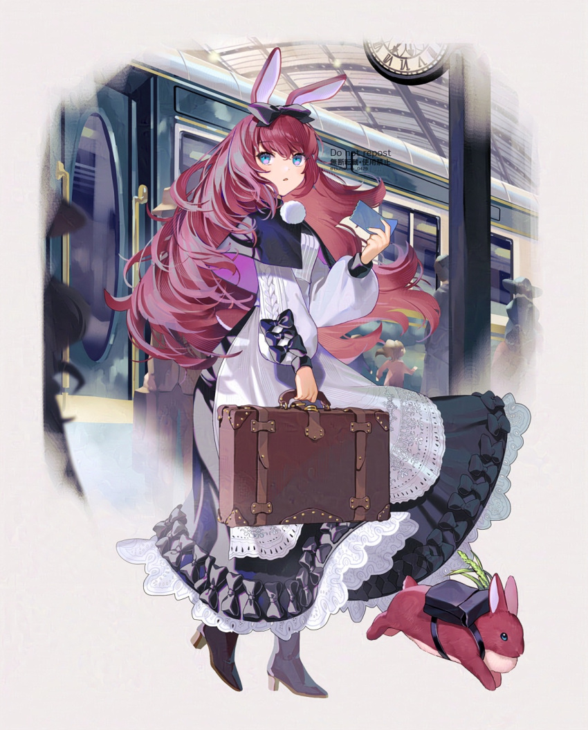 1girl animal_ears black_bow black_capelet black_footwear blue_eyes boots bow capelet clock dress frilled_dress frills from_side hair_bow high_heel_boots high_heels highres holding holding_suitcase holding_ticket long_dress long_hair long_sleeves looking_ahead original petticoat pom_pom_(clothes) rabbit rabbit_ears rabbit_girl red_hair sidelocks solo straight_hair suitcase train train_station tsunakawa white_dress