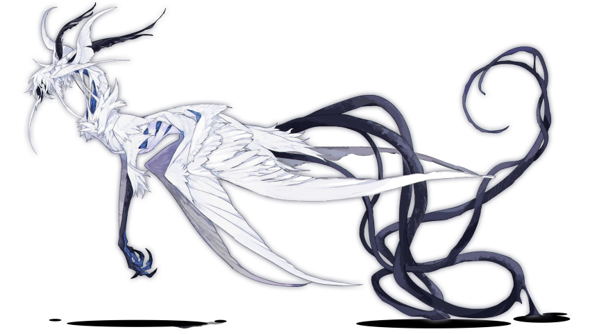 absurdres animal_focus claws commentary deepsea9013 english_commentary feathered_wings full_body head_wings highres monster multiple_tails multiple_wings no_humans original profile simple_background solo tail white_background white_wings wings