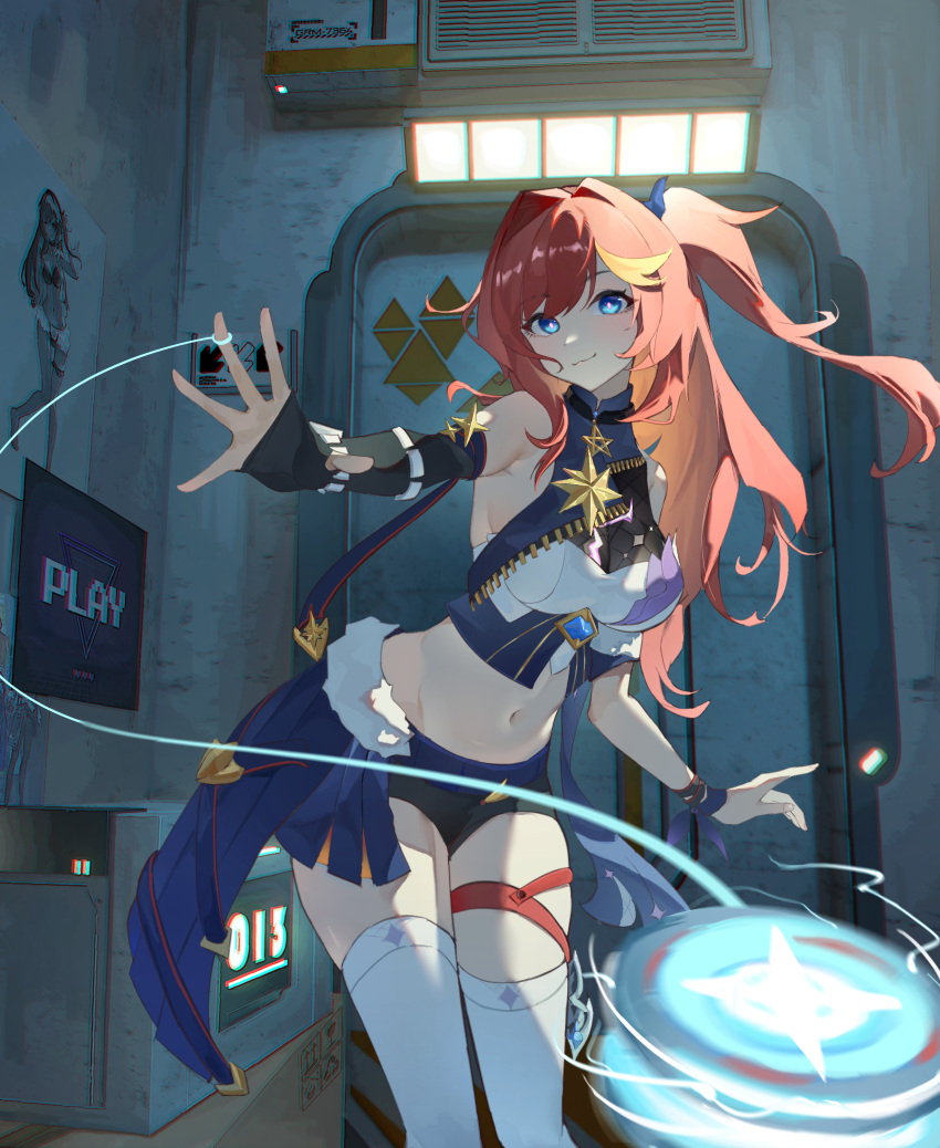 1girl absurdres bare_shoulders black_gloves black_shorts blue_eyes breasts commentary_request crop_top feet_out_of_frame fingerless_gloves gloves hair_intakes highres honkai_(series) honkai_impact_3rd indoors large_breasts long_hair looking_at_viewer midriff navel one_side_up orange_hair senadina_(honkai_impact) short_shorts shorts single_glove solo standing stomach thigh_strap thighhighs thighs very_long_hair white_thighhighs yuan_zhen_(user_pnhx4422)