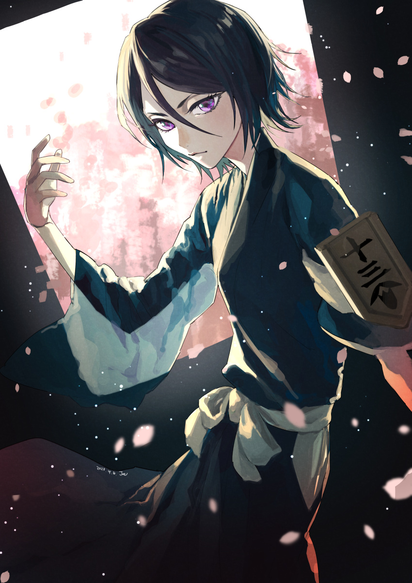 1girl absurdres belt black_hair black_kimono bleach closed_mouth cowboy_shot hand_up highres japanese_clothes jou_(jo_jjo) kimono kuchiki_rukia looking_at_viewer petals pink_petals purple_eyes short_hair solo white_belt