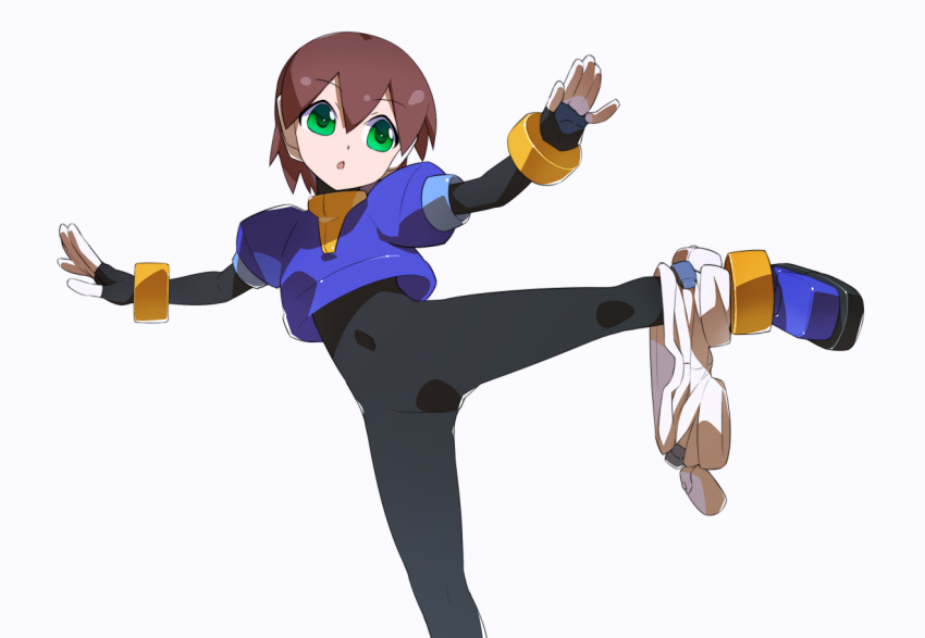 1girl aile_(mega_man_zx) black_bodysuit blue_footwear blue_jacket bodysuit bodysuit_under_clothes brown_hair commentary_request covered_navel cropped_jacket green_eyes jacket kaidou_zx mega_man_(series) mega_man_zx robot_ears short_hair shorts shorts_around_one_leg simple_background white_background white_shorts