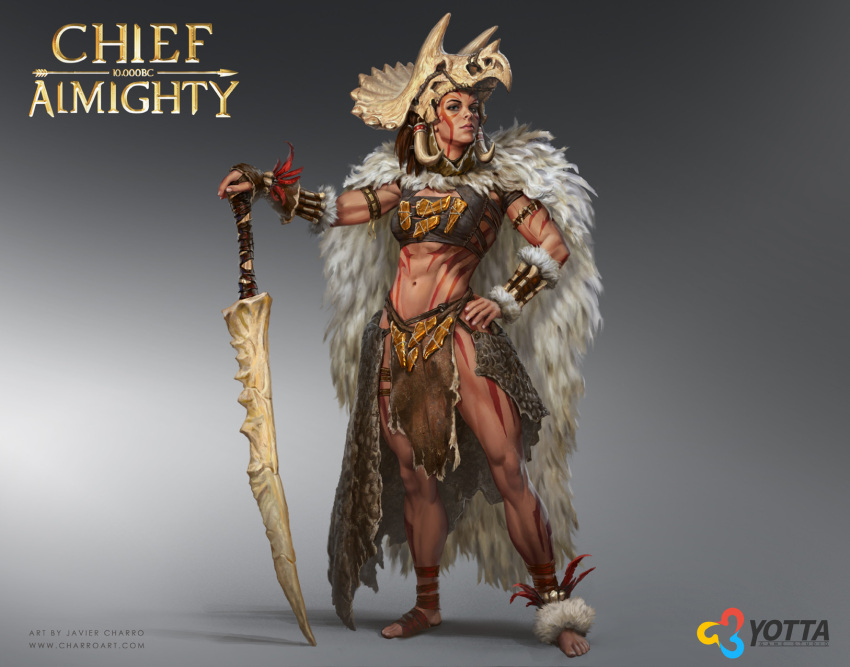 1girl artist_name body_markings bone cape chief_almighty copyright_name dinosaur_skull fingerless_gloves full_body fur_cape gloves highres javier_charro loincloth navel prehistoric simple_background single_fingerless_glove single_vambrace skull_on_head solo standing sword vambraces warrior watermark weapon web_address