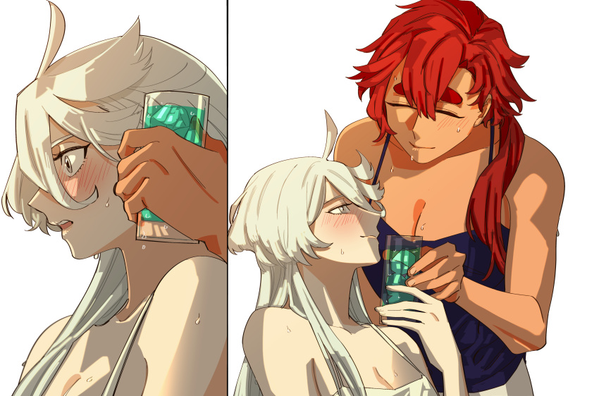 2girls absurdres bare_arms black_camisole blush breasts camisole cleavage closed_mouth commentary_request cup dark-skinned_female dark_skin drinking_glass grey_eyes gundam gundam_suisei_no_majo highres holding holding_cup ice ice_cube korean_commentary long_hair looking_at_another medium_breasts miorine_rembran multiple_girls parted_lips red_hair simple_background small_breasts smile snapagi suletta_mercury surprised sweat thick_eyebrows white_background white_camisole white_hair