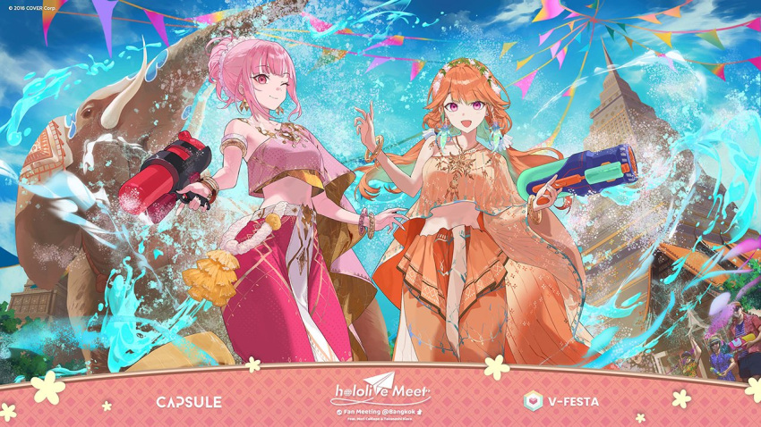 2girls alternate_costume architecture blush breasts cleavage cloud earrings feather_earrings feathers holding hololive hololive_english jewelry large_breasts long_hair looking_at_viewer mori_calliope multicolored_hair multiple_girls official_art open_mouth orange_hair pink_hair red_eyes smile takanashi_kiara temple thai_clothes thailand virtual_youtuber