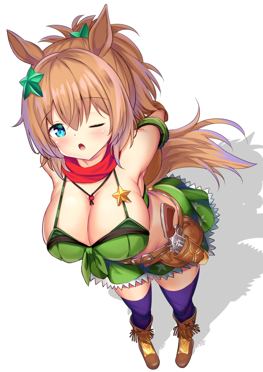 1girl animal_ears aqua_eyes arm_strap armpits arms_behind_back bandana bare_shoulders blush breasts brown_gloves brown_hair cleavage commentary_request cowboy_hat full_body gloves green_skirt hair_ornament hat highres holster horse_ears horse_girl horse_tail large_breasts linea_alba looking_at_viewer medium_hair midriff navel one_eye_closed ponytail red_bandana simple_background skirt smile taiki_shuttle_(umamusume) tail two-tone_background umamusume weapon white_background yuutopia