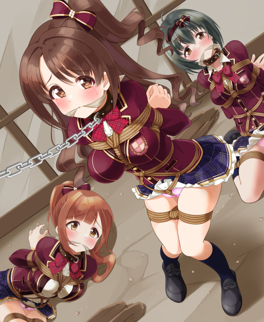 3girls arms_behind_back bdsm bondage bound bound_arms bound_legs breast_bondage cleave_gag cloth_gag crotch_rope gag gagged highres idolmaster idolmaster_cinderella_girls idolmaster_cinderella_girls_starlight_stage igarashi_kyoko improvised_gag kohinata_miho mukanata multiple_girls restrained shibari shibari_over_clothes shimamura_uzuki