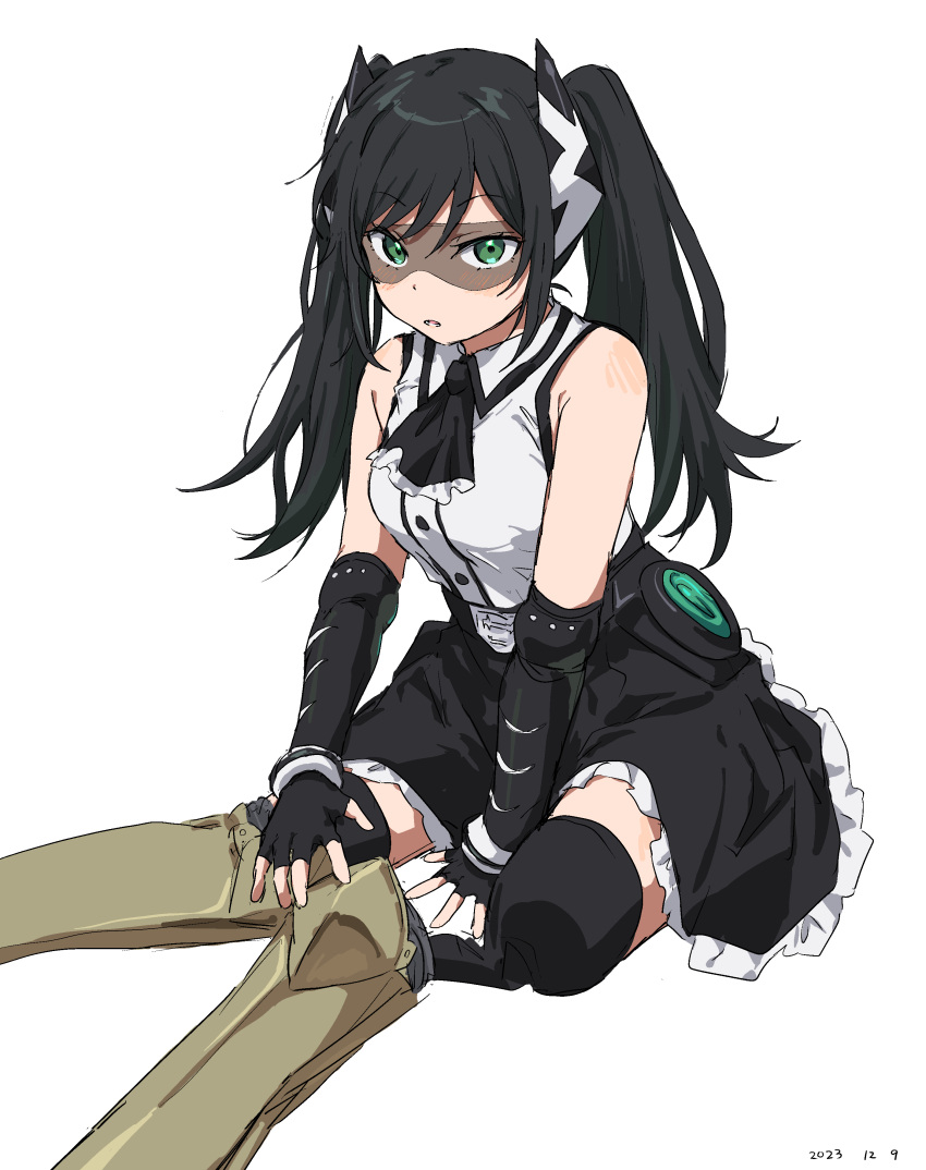 1girl absurdres amputee ascot bare_shoulders black_ascot black_hair black_skirt breasts dunant_pilse fingerless_gloves frilled_skirt frills gloves highres lady_black_(shy) large_breasts long_hair looking_at_viewer prosthesis prosthetic_leg shirt shy_(series) simple_background skirt solo takatisakana twintails white_background white_shirt