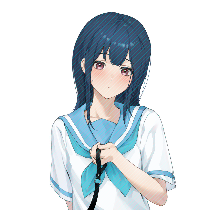 1girl blue_hair blue_neckerchief blush closed_mouth hibike!_euphonium highres holding holding_leash kitauji_high_school_uniform leash long_hair mian_li neckerchief red_eyes school_uniform simple_background solo white_background yoroizuka_mizore