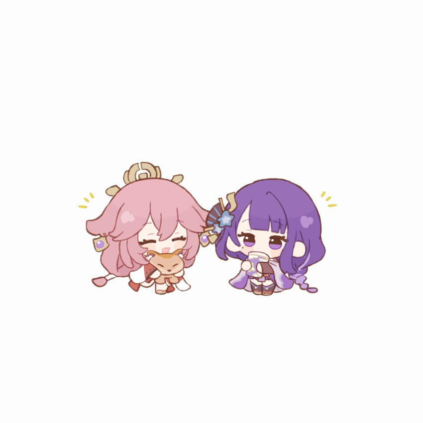 2girls animal_ears blunt_bangs braid chibi closed_eyes closed_mouth cup earrings genshin_impact hair_between_eyes hair_ornament highres holding holding_cup japanese_clothes jewelry long_hair mole mole_under_eye multiple_girls open_mouth pink_hair purple_eyes purple_hair raiden_shogun simple_background single_braid standing standing_on_one_leg stuffed_animal stuffed_toy white_background yae_miko yuita-kun yuri