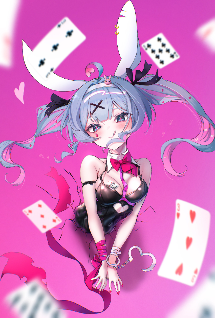 1girl :q absurdres animal_ears bare_shoulders black_leotard blue_eyes blue_hair blush bow bowtie breasts broken_handcuffs card cleavage closed_mouth detached_collar fake_animal_ears floating_hair hatsune_miku highres hole_in_wall large_breasts leotard long_hair looking_at_viewer nail_polish own_hands_together pink_pupils playboy_bunny playing_card rabbit_ears rabbit_hole_(vocaloid) red_bow red_bowtie red_nails ribbon sidelocks smile solo teardrop_facial_mark terra_bose through_wall tongue tongue_out vocaloid wrist_ribbon