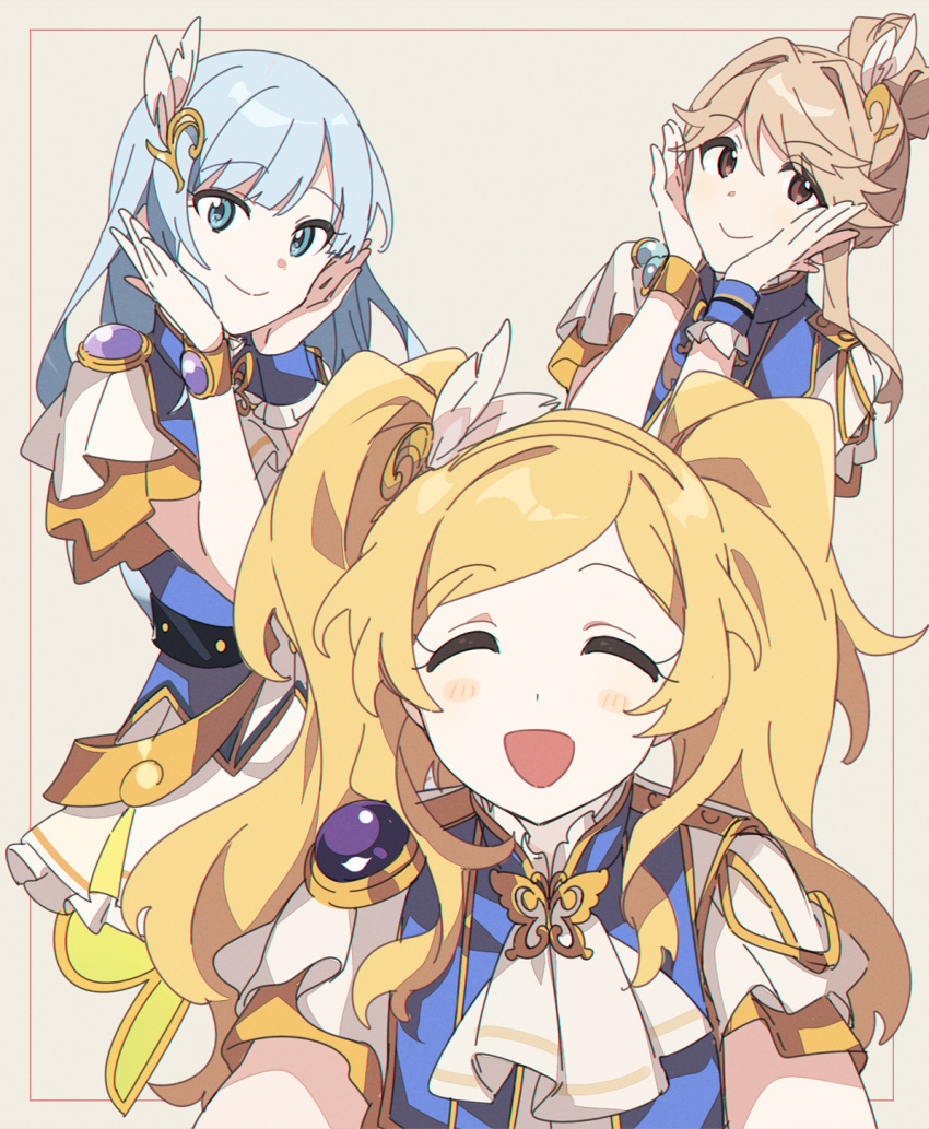 3girls ap_bar ascot blonde_hair blue_eyes blue_hair blue_shirt blue_wristband blush bracelet breasts brown_background brown_eyes brown_hair butterfly_brooch closed_eyes closed_mouth dot_nose emily_stewart feather_hair_ornament feathers hair_bun hair_ornament hands_on_own_face hands_up highres idolmaster idolmaster_million_live! idolmaster_million_live!_theater_days jewelry long_hair looking_at_viewer medium_breasts multiple_girls open_mouth shiraishi_tsumugi shirt short_sleeves sidelocks simple_background single_hair_bun small_breasts smile tenkubashi_tomoka twintails very_long_hair white_ascot