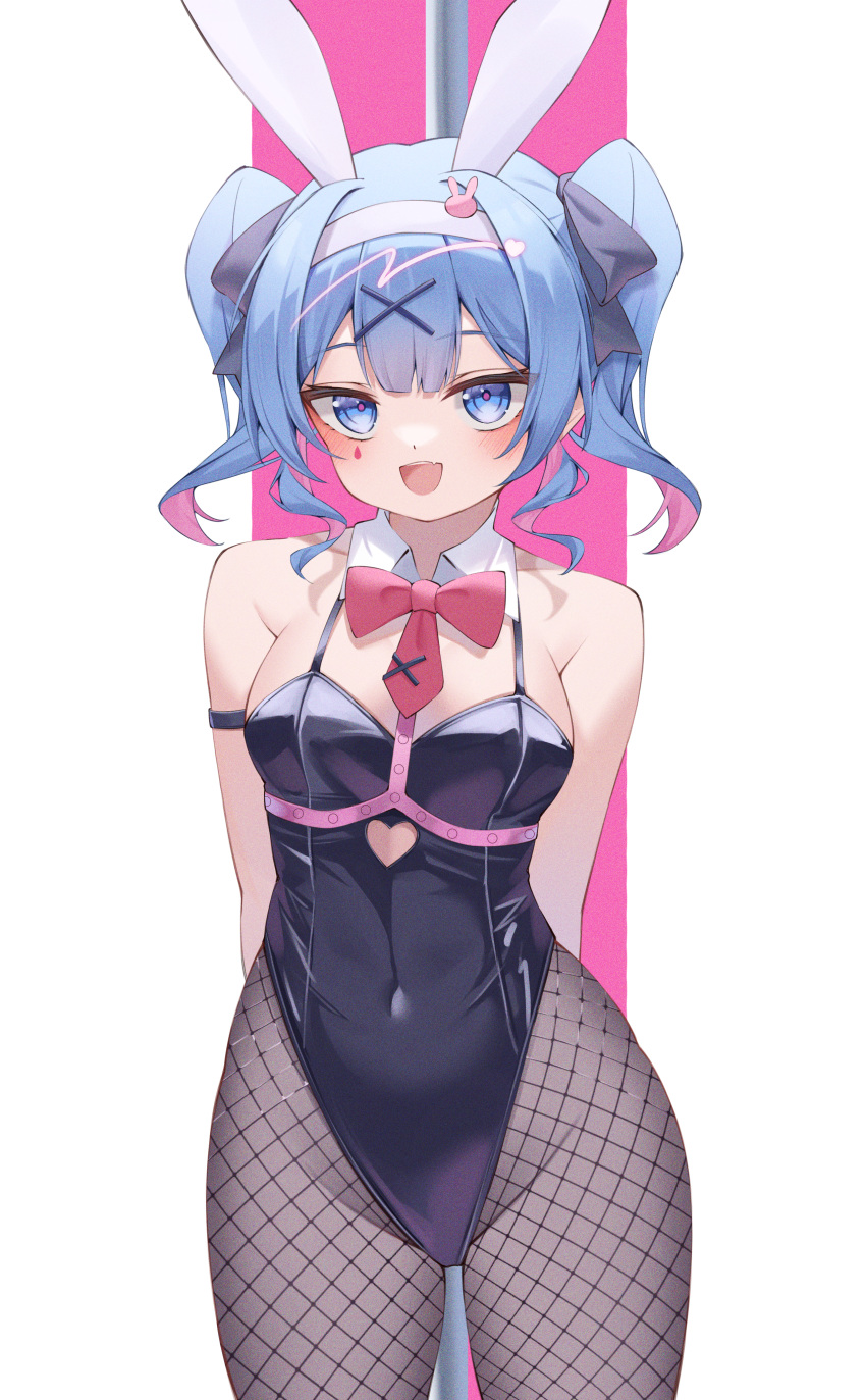 1girl :d absurdres animal_ears armpit_crease arms_behind_back bare_shoulders black_leotard black_pantyhose blue_hair blush bow bowtie breasts covered_navel detached_collar dot_nose fake_animal_ears fishnet_pantyhose fishnets hair_ornament hatsune_miku highleg highleg_leotard highres large_breasts legs_apart leotard looking_at_viewer open_mouth pantyhose pink_background pink_pupils pole rabbit_ears rabbit_hole_(vocaloid) red_bow red_bowtie ryaru_ryaru short_hair short_twintails smile solo stripper_pole teardrop_facial_mark thick_thighs thighs twintails two-tone_background vocaloid white_background x_hair_ornament