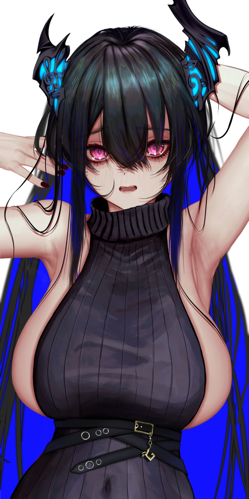 1girl absurdres asymmetrical_horns black_hair black_nails black_sweater blue_hair blush breasts colored_inner_hair demon_horns highres hololive hololive_english horns large_breasts long_hair looking_at_viewer mole mole_under_eye multicolored_hair nail_polish nerissa_ravencroft open_mouth red_eyes soju_ice sweater turtleneck turtleneck_sweater very_long_hair virtual_youtuber