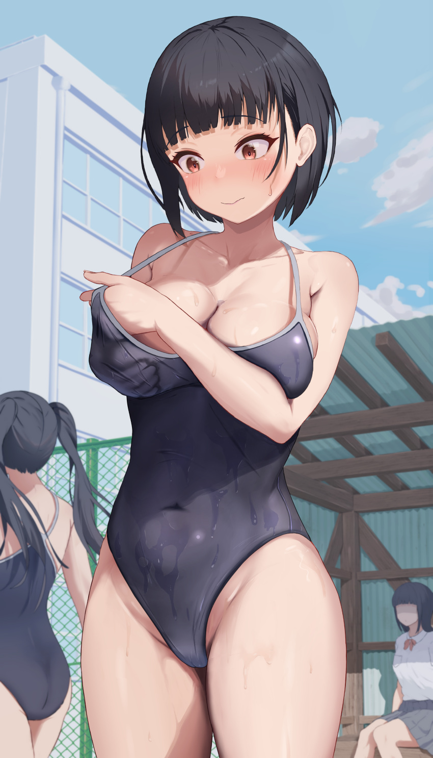 3girls absurdres ass bare_arms black_hair black_one-piece_swimsuit black_skirt blunt_bangs blush breasts building cleavage closed_mouth collarbone collared_shirt commentary_request competition_school_swimsuit covered_navel faceless faceless_female highleg highres long_hair medium_breasts multiple_girls one-piece_swimsuit original outdoors school_swimsuit school_uniform shirt short_hair sitting skirt solo_focus soradariku standing swimsuit thighs twintails wet white_shirt