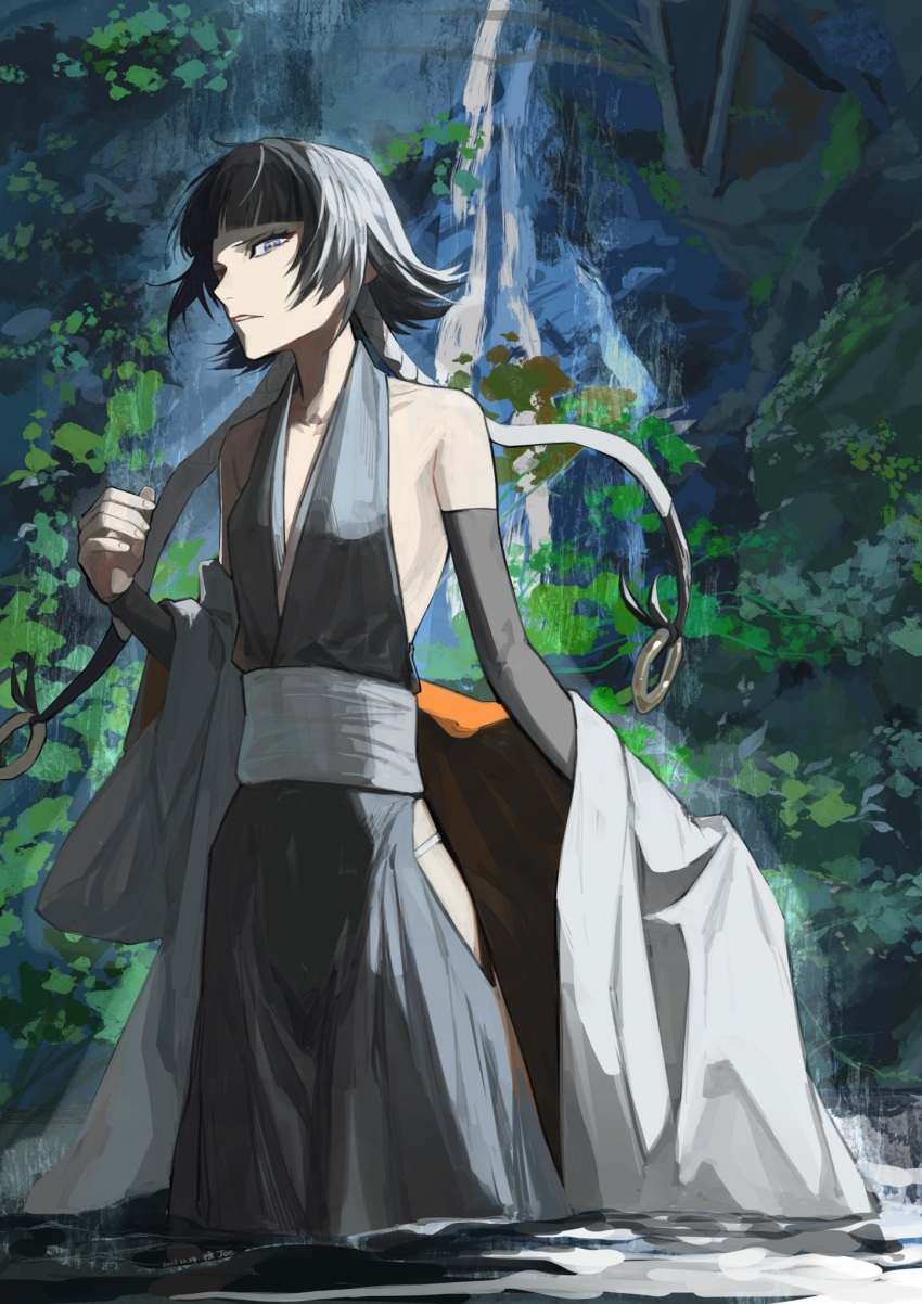 1girl bare_shoulders black_hair black_hakama black_kimono bleach blue_eyes blunt_bangs bob_cut breasts bush cliff clothes_down hakama highres hip_vent japanese_clothes jou_(jo_jjo) kimono leaf looking_at_viewer nature outdoors panty_straps short_hair sleeveless sleeveless_kimono small_breasts solo standing sui-feng tree wading water waterfall white_haori