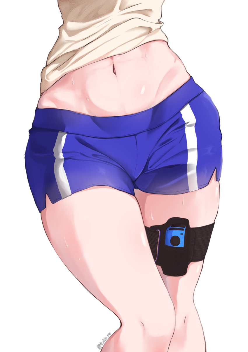 1girl abs absurdres blue_pants highres hip_bones hololive hololive_english joy-con midriff_peek navel official_alternate_costume ouro_kronii ouro_kronii_(casual) pants shirt short_shorts shorts simple_background solo sweat sweatdrop takoroki thigh_strap twitter_username virtual_youtuber white_background white_shirt