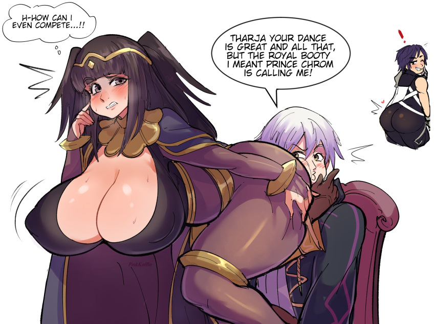 1girl 2boys ass bisexual_male black_hair blush bodysuit breasts chair commentary english_commentary english_text fire_emblem fire_emblem_awakening highres huge_breasts multiple_boys pinkkoffin talking teeth tharja_(fire_emblem) thought_bubble