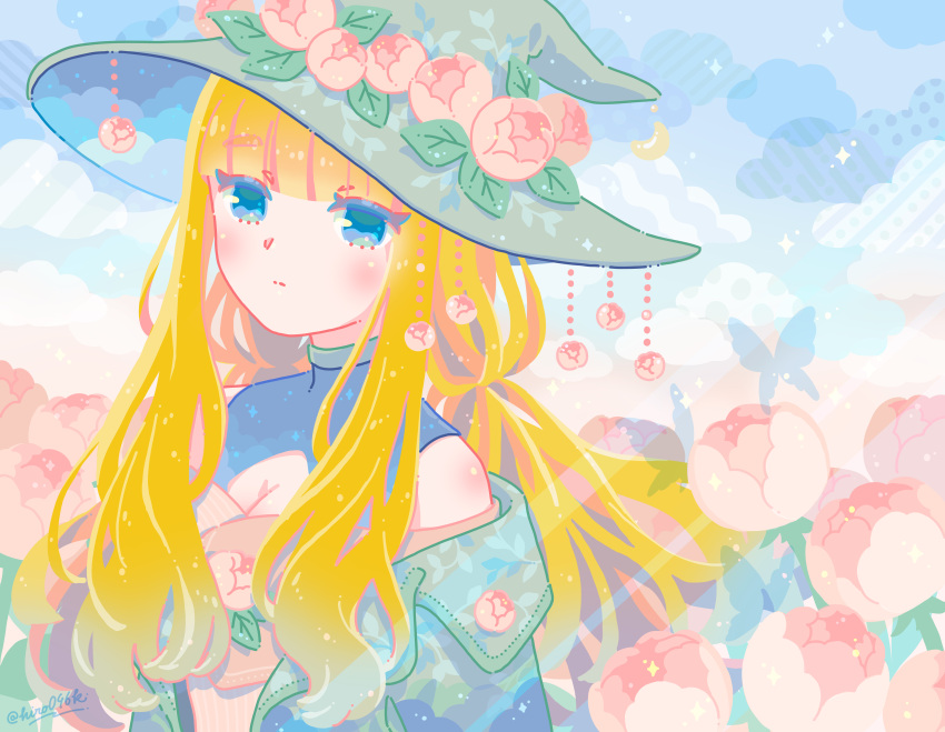 1girl absurdres bare_shoulders blonde_hair blue_eyes blue_sky blush breasts bug butterfly cleavage cloud cloudy_sky crescent crescent_hat_ornament flower hat hat_flower hat_ornament highres hiro046k light_rays long_hair looking_at_viewer off_shoulder original outdoors pink_flower pink_rose rose silhouette sky solo sparkle turtleneck twitter_username upper_body witch witch_hat
