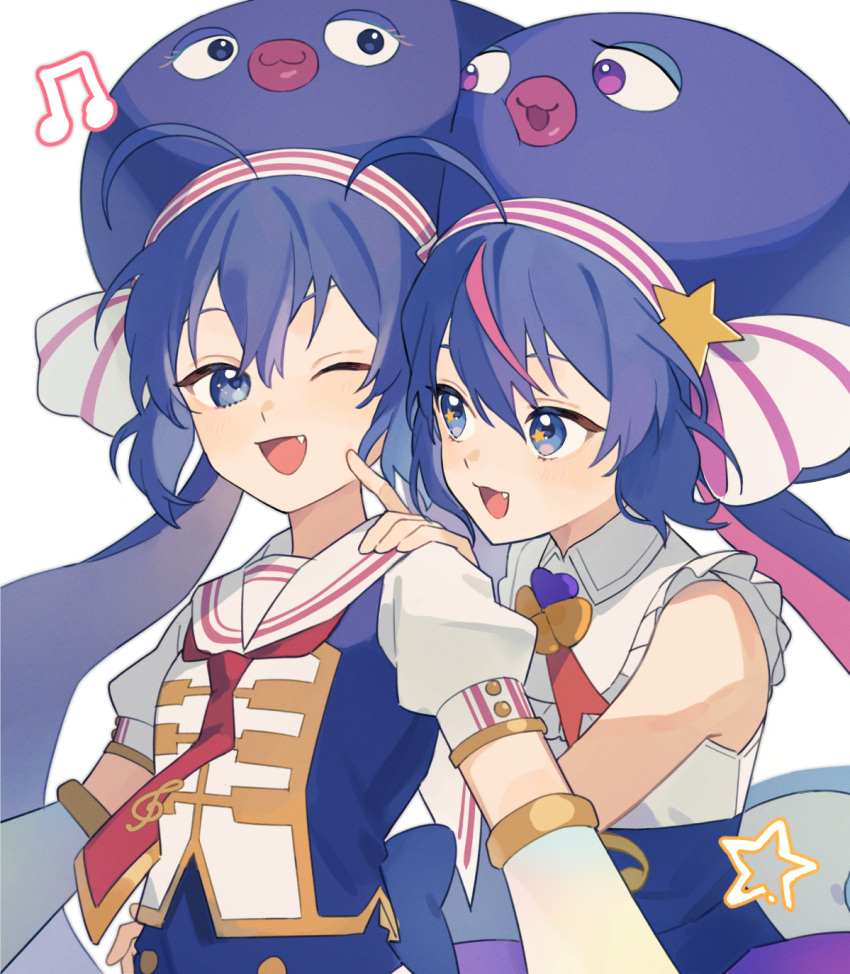 2girls ahoge arm_guards back_bow blue_eyes blue_hair blue_headwear bow buttons collared_shirt colored_inner_hair dual_persona fang hand_on_another's_shoulder hat highres index_finger_raised long_hair low_twintails multicolored_hair multiple_girls musical_note neck_ribbon necktie one_eye_closed open_mouth otomachi_una otomachi_una_(sugar) pink_hair pink_trim pointing pointing_at_another puffy_short_sleeves puffy_sleeves purple_skirt red_necktie red_ribbon red_trim ribbon sailor_collar shirt short_sleeves skirt sleeveless sleeveless_shirt smile star_(symbol) star_in_eye streaked_hair suiso_sn3 symbol_in_eye twintails vocaloid white_background white_bow white_sailor_collar