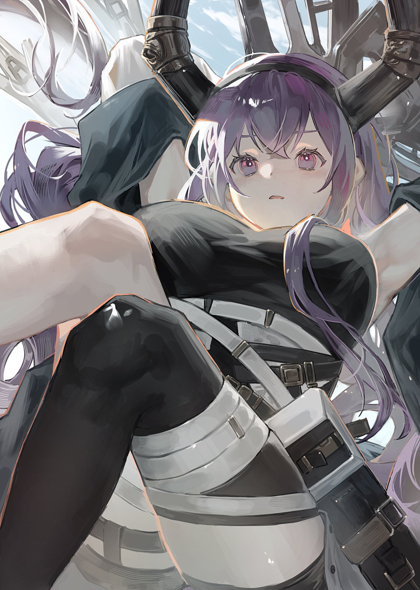 1girl arknights armpits black_hairband black_horns black_thighhighs blush breasts fake_horns feet_out_of_frame from_below hairband highres horns huge_breasts knees_together_feet_apart knees_up long_hair looking_at_viewer mira_(345toron) nose_blush parted_lips purple_eyes purple_hair sidelocks single_thighhigh solo thick_thighs thighhighs thighs typhon_(arknights)