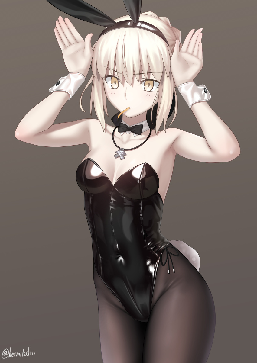 1girl absurdres animal_ears artoria_pendragon_(fate) besmiled black_leotard black_ribbon blonde_hair braid breasts brown_pantyhose covered_navel detached_collar fake_animal_ears fate/grand_order fate_(series) french_braid hair_bun hair_ribbon highleg highleg_leotard highres leotard long_hair looking_at_viewer medium_breasts pantyhose playboy_bunny rabbit_ears rabbit_tail ribbon saber_alter sidelocks tail wrist_cuffs yellow_eyes