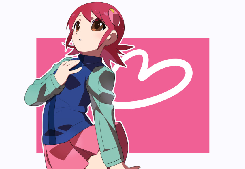 1girl blue_shirt blue_vest brown_hair commentary_request hair_ornament hand_on_own_chest hand_on_own_face heart kaidou_zx mayl_sakurai_(mega_man) mega_man_(series) mega_man_battle_network_(series) pink_background pink_skirt red_hair shirt simple_background skirt solo thighs vest