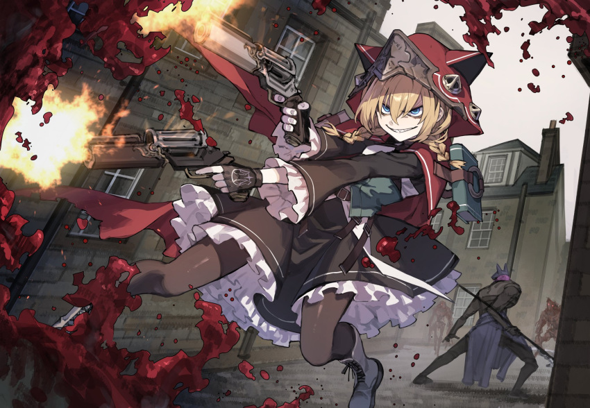 1girl animal_ear_hood animal_ears battle black_dress black_gloves blonde_hair blood blue_eyes book boots braid building cat_ears city dress dual_wielding fingerless_gloves firing frilled_dress frills gloves gun highres holding holding_gun holding_weapon hood house knee_boots mephisto_(angraecum) original pantyhose red_hood revolver sky standing twin_braids weapon white_footwear