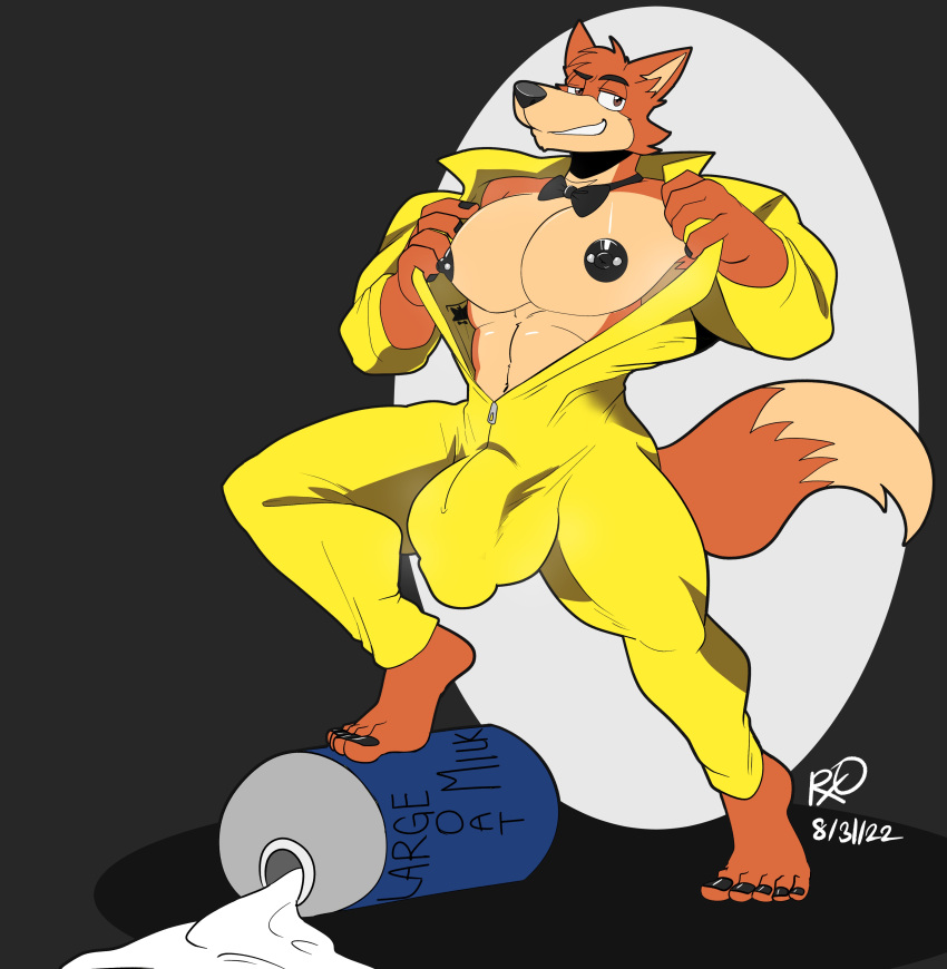 2023 absurd_res anthro balls_outline barefoot black_nipples bow_tie bulge canid canine clothed clothing coveralls detailed_bulge feet fox genital_outline hi_res humongous_entertainment jumpsuit looking_at_viewer male mammal muscular muscular_anthro muscular_male nipple_piercing nipples open_clothing open_shirt open_topwear pecs penis_outline piercing plantigrade rxq shirt solo spy_fox spy_fox_(series) topwear