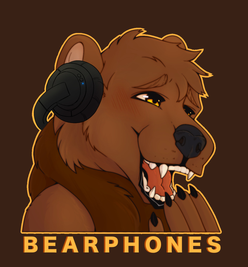 2024 anthro bear bearphones black_claws blush brown_background brown_bear brown_body brown_fur bubimilk bust_portrait claws electronics fur grizzly_bear headphones hi_res laugh male mammal neck_tuft open_mouth orange_eyes portrait simple_background solo text tuft ursine