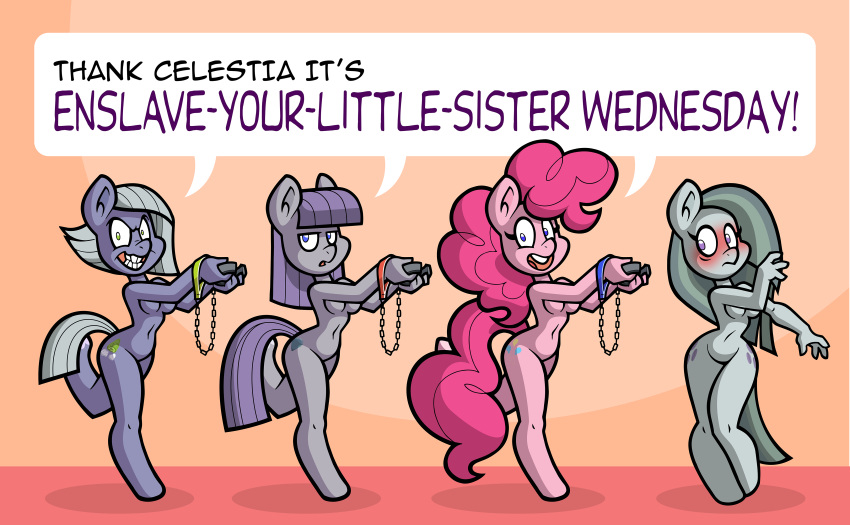 absurd_res anthro bdsm bondage bound equid equine female female/female forced friendship_is_magic group group_nudity hasbro hi_res horse incest_(lore) limestone_pie_(mlp) mammal marble_pie_(mlp) maud_pie_(mlp) my_little_pony pinkie_pie_(mlp) pony toonbat