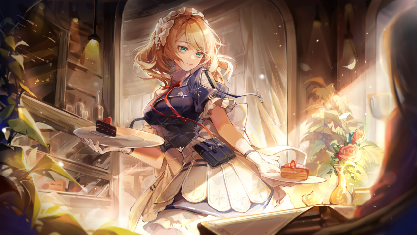 1girl absurdres belt_pouch blonde_hair blue_shirt breasts cafe cake cake_slice cowboy_shot flower food from_side g36_(girls'_frontline) girls'_frontline girls'_frontline_2:_exilium giving gloves green_eyes highres holding holding_plate indoors looking_down maid maid_headdress medium_breasts miniskirt multicolored_hair neck_ribbon plant plate pouch puffy_short_sleeves puffy_sleeves red_ribbon ribbon shade shirt short_sleeves skirt smile solo turning_head vase white_gloves white_skirt zukiyn