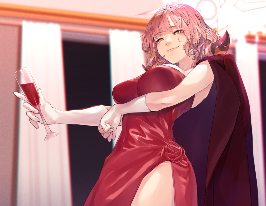 1girl arm_under_breasts aru_(blue_archive) aru_(dress)_(blue_archive) blue_archive breasts champagne_flute coat coat_on_shoulders cup curtains dress drinking_glass earrings fuwafuwatoufu gloves highres holding holding_cup horns jewelry large_breasts long_hair orange_eyes pink_hair red_coat red_dress side_slit smirk solo strapless strapless_dress