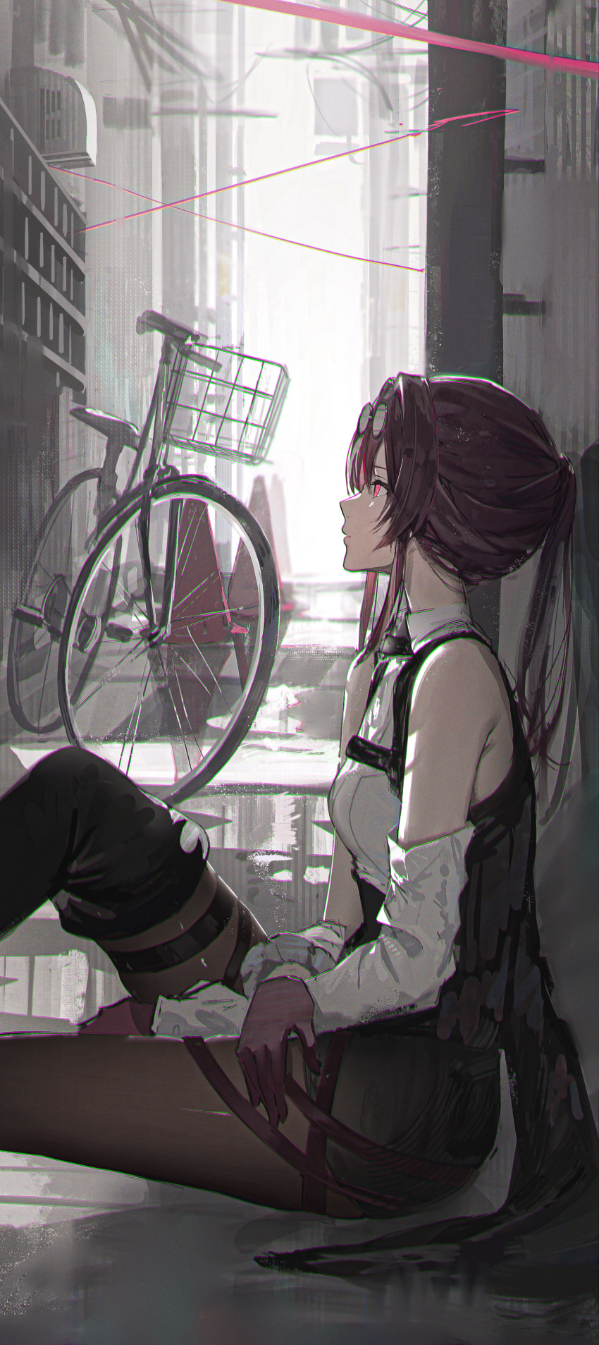 1girl absurdres bare_shoulders bicycle breasts commentary_request detached_sleeves eyewear_on_head from_side gloves hidulume highres honkai:_star_rail honkai_(series) kafka_(honkai:_star_rail) knee_up long_sleeves pantyhose ponytail purple_eyes purple_gloves purple_hair sitting small_breasts solo sunglasses thighs traffic_cone