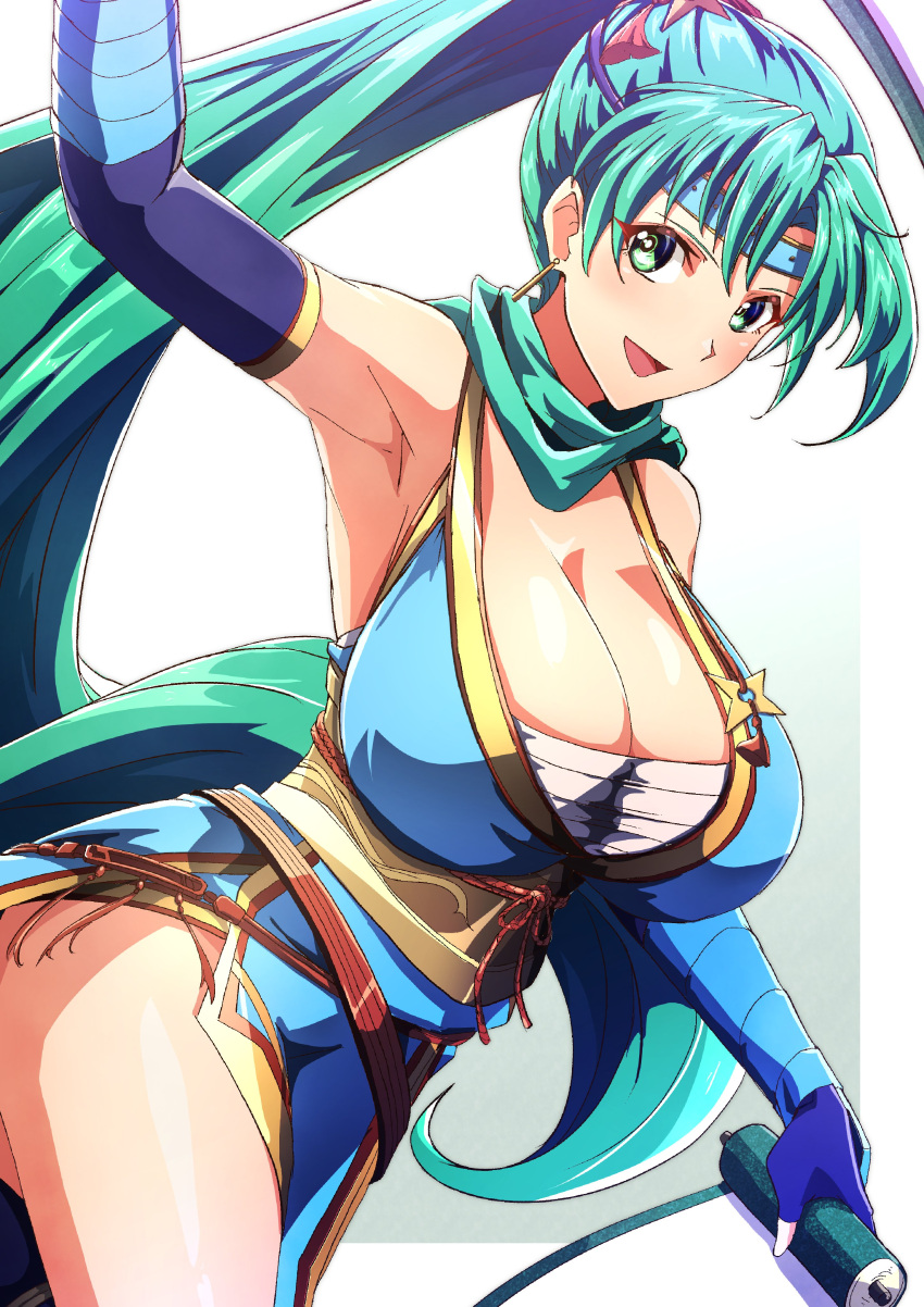 1girl :d absurdres arm_up arm_wrap armpits bare_shoulders blue_dress blue_headband blush border breasts chest_sarashi cleavage commission dress earrings elbow_gloves fingerless_gloves fire_emblem fire_emblem:_the_blazing_blade fire_emblem_heroes gloves green_eyes green_hair green_scarf headband highres holding holding_scroll huge_breasts jewelry large_breasts long_hair looking_at_viewer lyn_(fire_emblem) lyn_(ninja)_(fire_emblem) ninja obi obijime official_alternate_costume open_mouth outside_border ponytail sarashi sash scarf scroll shuriken side_slit skeb_commission sleeveless sleeveless_dress smile solo to_(tototo_tk) very_long_hair weapon yellow_sash