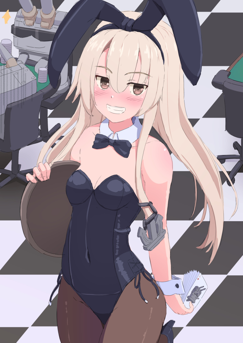 1girl alternate_costume animal_ears black_bow black_bowtie black_hairband black_leotard black_pantyhose blonde_hair bow bowtie breasts brown_eyes card covered_navel detached_collar fake_animal_ears hairband highleg highleg_leotard highres holding holding_card holding_tray kantai_collection leotard long_hair looking_at_viewer pantyhose playboy_bunny playing_card rabbit_ears rensouhou-chan shimakaze_(kancolle) side-tie_leotard small_breasts smile solo strapless strapless_leotard traditional_bowtie tray tsukimoto_reiji