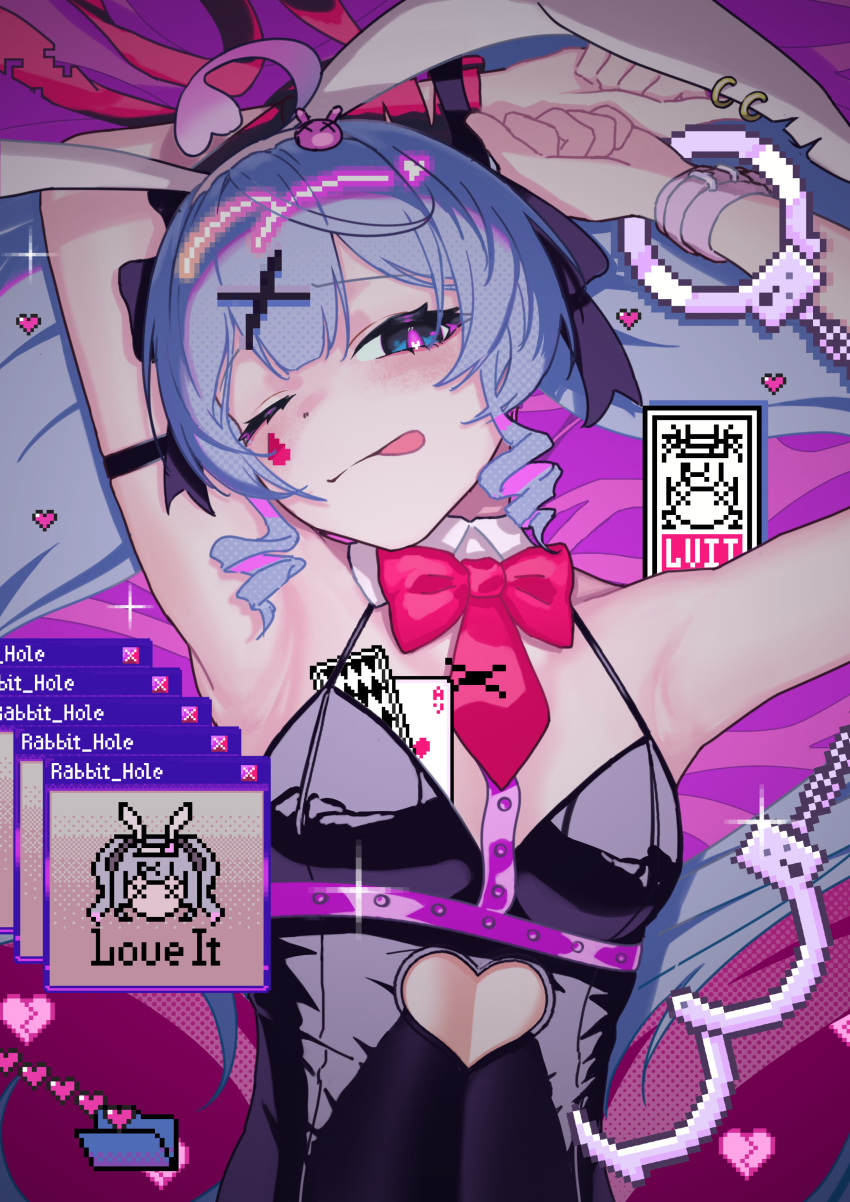 1girl :p absurdres ahoge animal_ears armpits bare_shoulders black_leotard blue_eyes blue_hair closed_mouth clothing_cutout cuffs detached_collar fake_animal_ears from_above hair_ornament hair_spread_out handcuffs hatsune_miku highres leotard long_hair looking_at_viewer one_eye_closed pink_pupils pixel_art playboy_bunny rabbit_ears rabbit_hole_(vocaloid) saishijyou sidelocks smile solo stomach_cutout teardrop_facial_mark tongue tongue_out twintails very_long_hair vocaloid x_hair_ornament