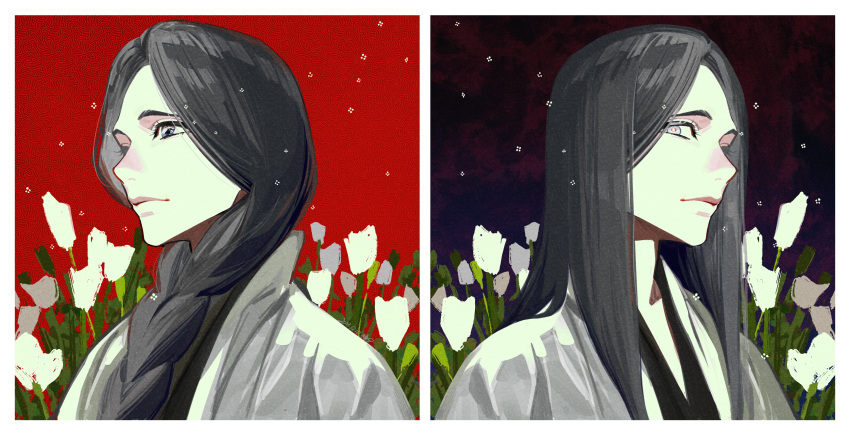 1girl absurdres black_hair black_kimono bleach blue_eyes braid dark_background dual_persona eyelashes flower from_side highres japanese_clothes jou_(jo_jjo) kimono lips long_hair looking_at_viewer pale_skin red_background single_braid solo split_screen straight_hair unohana_retsu white_flower white_haori