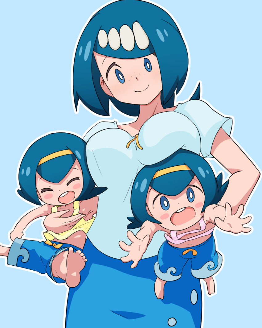 3girls barefoot blue_background blue_eyes blue_hair blue_shorts blue_skirt blush_stickers breasts bright_pupils carrying closed_mouth commentary_request freckles hairband harper_(pokemon) highres lana's_mother_(pokemon) large_breasts long_hair looking_at_viewer looking_down mature_female mother_and_daughter multiple_girls no_sclera open_mouth outline owlz pokemon pokemon_(anime) pokemon_sm_(anime) sarah_(pokemon) shirt short_sleeves shorts skirt smile soles tank_top teeth toes upper_teeth_only white_pupils yellow_hairband yellow_shirt