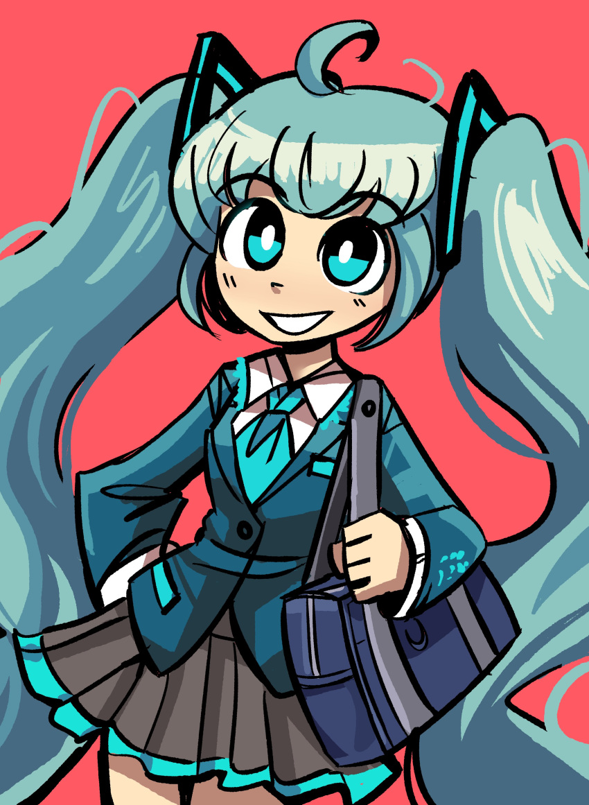 1girl :d absurdres ahoge aqua_hair bag black_skirt blue_bag blue_eyes blue_necktie blue_serafuku breasts hair_ornament hatsune_miku highres looking_at_viewer medium_breasts miniskirt necktie peargor red_background school_bag school_uniform serafuku skirt smile twintails upper_body vocaloid