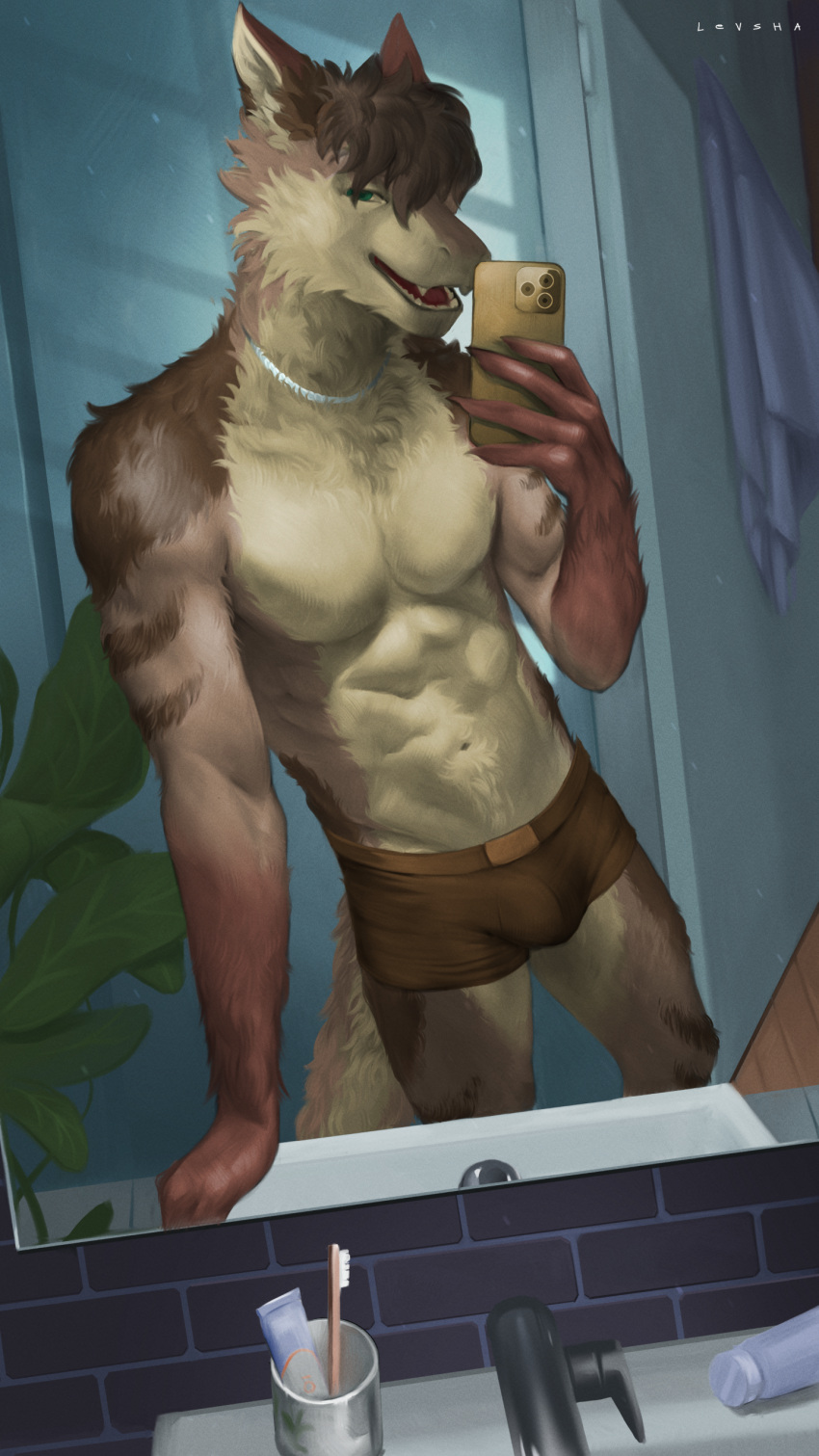 absurd_res anthro arm_tuft bathroom brown_body brown_fur brown_hair bulge cheek_tuft chest_tuft clothed clothing digital_media_(artwork) door dragon electronics facial_tuft flower fluffy fluffy_chest fluffy_tail fur fur_markings furred_dragon green_eyes hair hi_res inner_ear_fluff jewelry levsha male markings mirror mirror_selfie multi_tone_body multicolored_body muscular muscular_male mythological_creature mythological_scalie mythology neck_tuft necklace partially_clothed patterns phanrum phone plant red_body red_fur scalie selfie shoulder_tuft simple_background sink smile solo striped_body striped_fur stripes tail teeth towel tuft underwear white_body white_fur