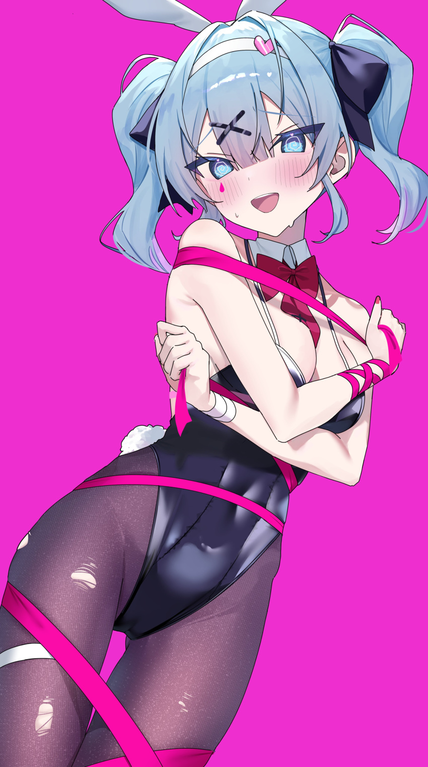 1girl :d absurdres animal_ears ass_visible_through_thighs bare_shoulders black_leotard black_pantyhose blue_eyes blue_hair blush bound bow bowtie breasts cleavage cowboy_shot detached_collar dot_nose dutch_angle fake_animal_ears fake_tail hair_between_eyes hair_ornament hatsune_miku highleg highleg_leotard highres large_breasts legs_together leotard looking_at_viewer open_mouth pantyhose rabbit_ears rabbit_hole_(vocaloid) rabbit_tail red_bow red_bowtie restrained ribbon ribbon_bondage short_hair short_twintails sidelocks smile solo tail teardrop_facial_mark teeth thigh_gap torn_clothes torn_pantyhose twintails upper_teeth_only vocaloid x_hair_ornament yuteke_key