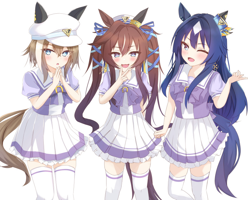 1girl absurdres animal_ears blue_eyes blue_hair breasts brown_hair cheval_grand_(umamusume) dark_blue_hair earrings hair_between_eyes hair_ornament hat highres horse_ears horse_girl horse_tail jewelry kudo_(user_dzch8572) long_hair looking_at_viewer medium_breasts mole mole_under_eye one_eye_closed own_hands_together ribbon school_uniform siblings simple_background single_earring sisters tail thighhighs umamusume v v_sisters verxina_(umamusume) vivlos_(umamusume) white_background