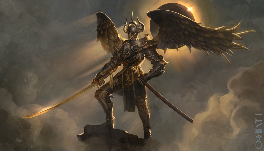 absurdres armor chainmail clenched_teeth cloud cloudy_sky cuirass gauntlets helmet highres holding holding_sheath holding_sword holding_weapon katana ofthelimbo original pauldrons pelvic_curtain plate_armor scabbard sheath shoulder_armor skeleton sky standing sword teeth weapon wings