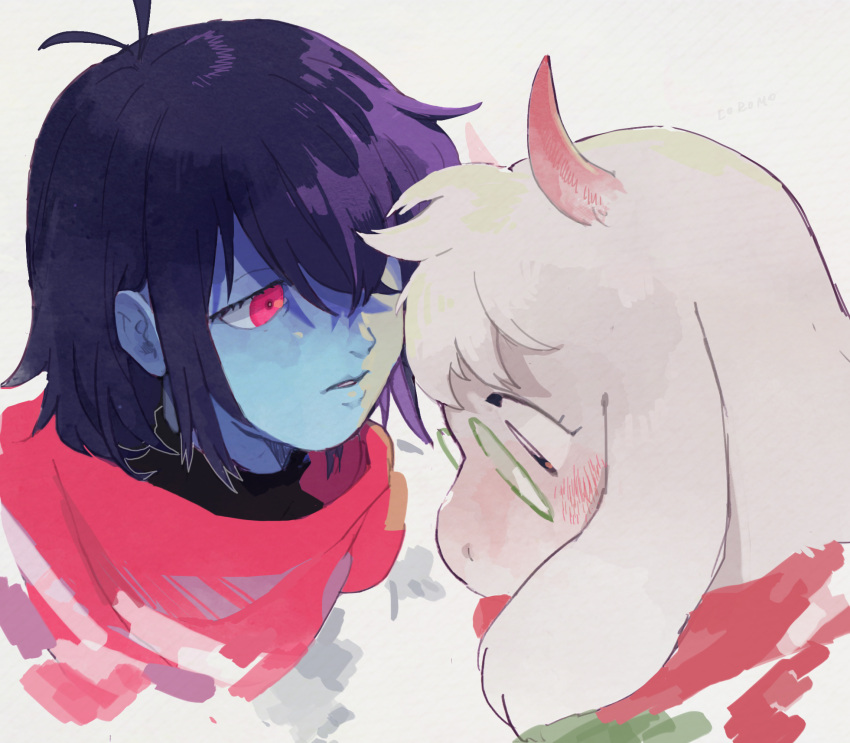 1boy 1other androgynous animal_ears antenna_hair blue_hair blue_skin blush body_fur colored_skin corogarucoromo covered_mouth crossed_bangs deltarune from_side furry furry_male glasses goat_boy goat_ears goat_horns green-framed_eyewear highres horns kris_(deltarune) looking_at_another one_eye_covered parted_lips pink_eyes pink_scarf portrait ralsei round_eyewear scarf short_hair simple_background white_background white_fur wide-eyed