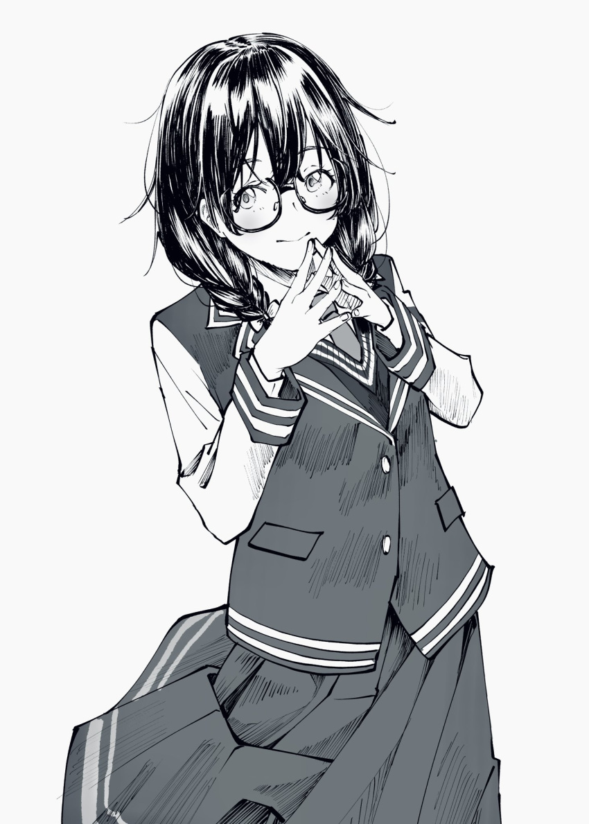 1girl black-framed_eyewear blazer blush bow braid cevio closed_mouth collared_shirt commentary_request glasses hair_between_eyes hair_bow hanakuma_chifuyu highres jacket keechino long_hair looking_at_viewer miniskirt monochrome necktie pleated_skirt shirt side_braids simple_background sketch skirt smile solo swept_bangs vest white_background white_shirt