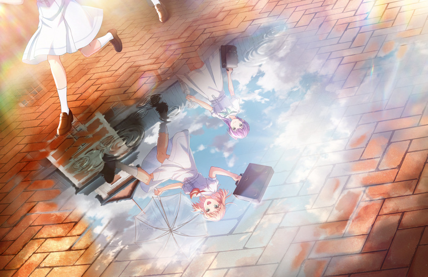 2girls ankle_socks aqua_neckerchief belt blue_sky breast_pocket brick_floor building closed_umbrella dress green_eyes hair_bun hair_ornament hasu_no_sora_school_uniform highres hinoshita_kaho holding holding_suitcase holding_umbrella light_smile link!_like!_love_live! loafers long_hair love_live! medium_dress medium_hair multiple_girls neckerchief official_art orange_hair otomune_kozue pleated_dress pocket puddle purple_hair rabbit_hair_ornament red_neckerchief reflection reflection_focus reflective_water ripples running sailor_collar sailor_dress school_uniform shoes short_sleeves side_ahoge side_ponytail single_side_bun sky socks suitcase summer_uniform third-party_source transparent transparent_umbrella umbrella walking white_belt white_dress white_sailor_collar white_socks